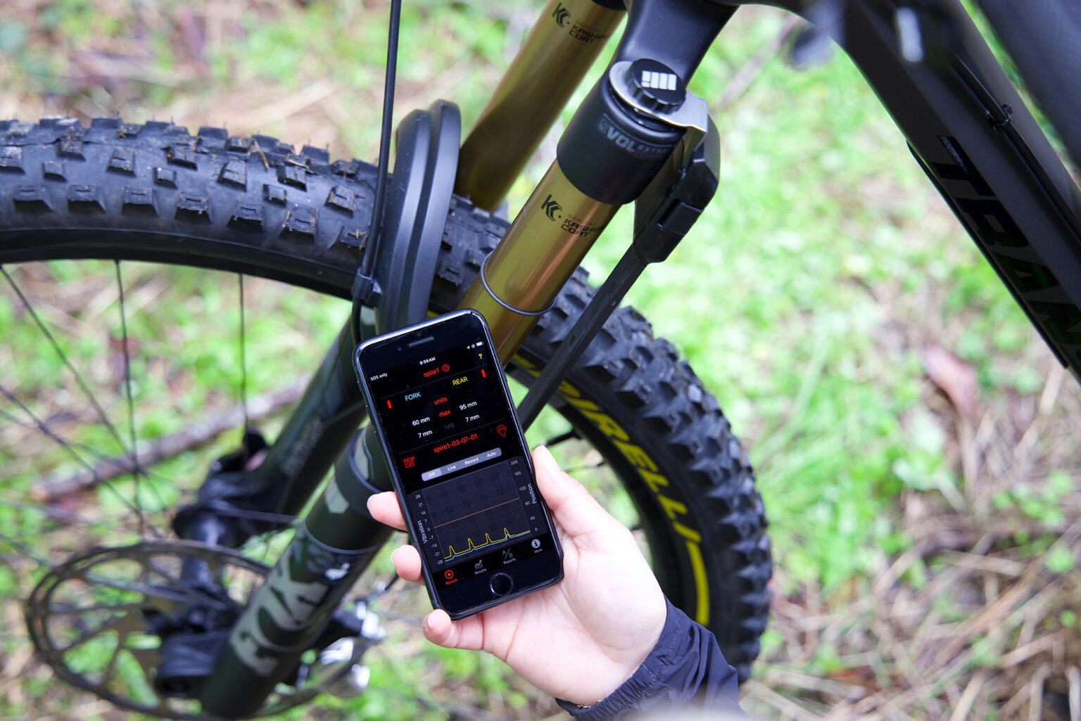motion instruments system 2 suspension telemetry kit shown with app on screen