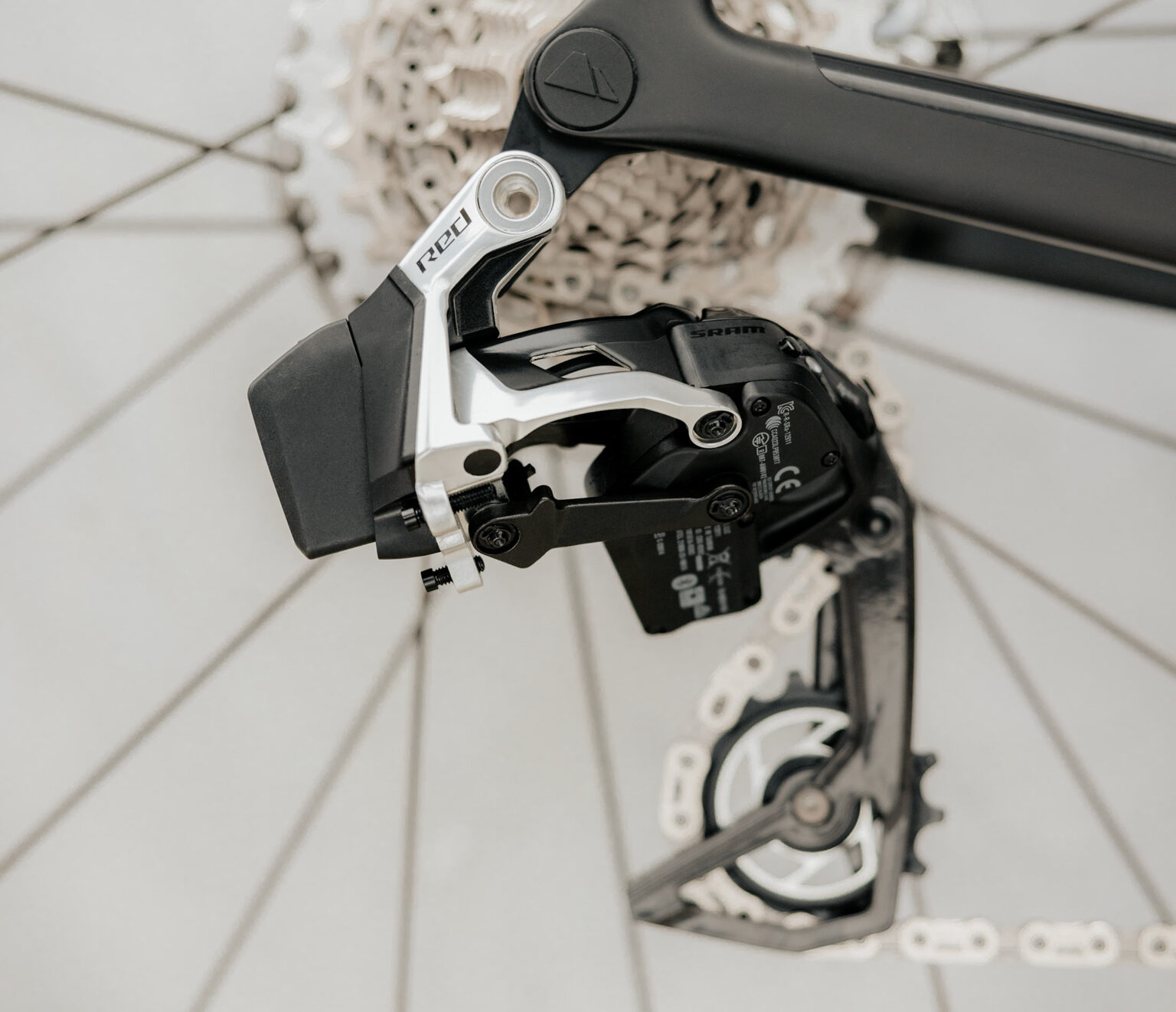 closeup of new SRAM RED AXS 2x road group rear derailleur.