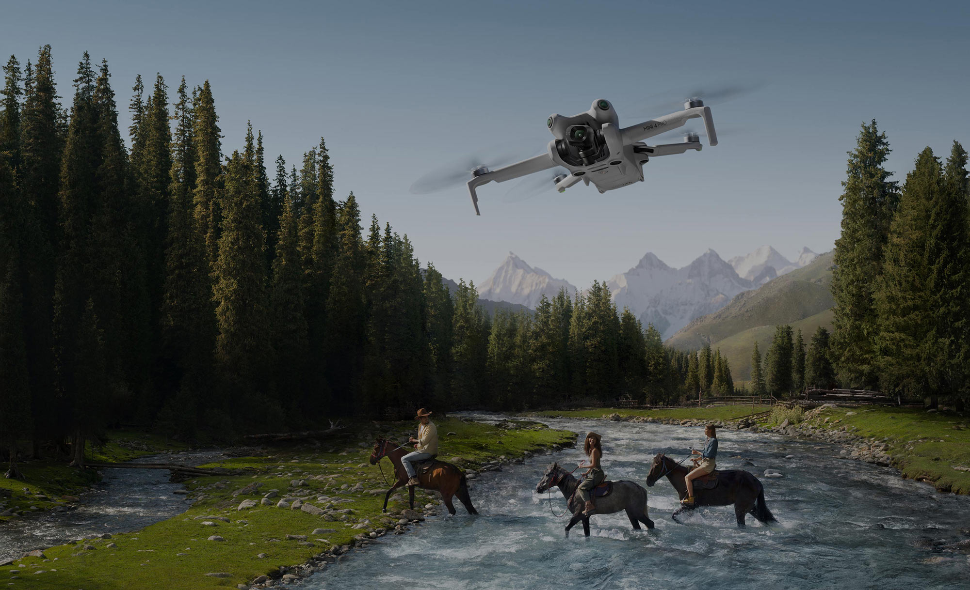 dji mini 4 pro drone flying over a river being crossed by riders on horseback.