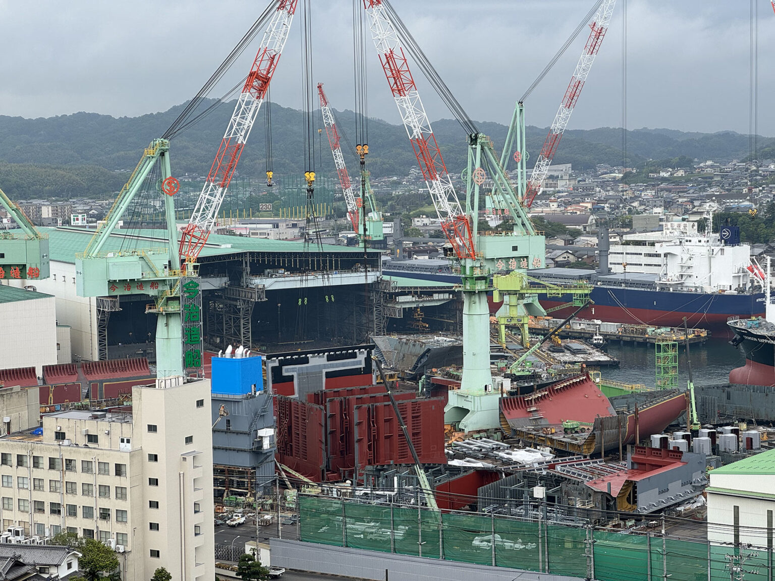 shipyard building cargo ships.