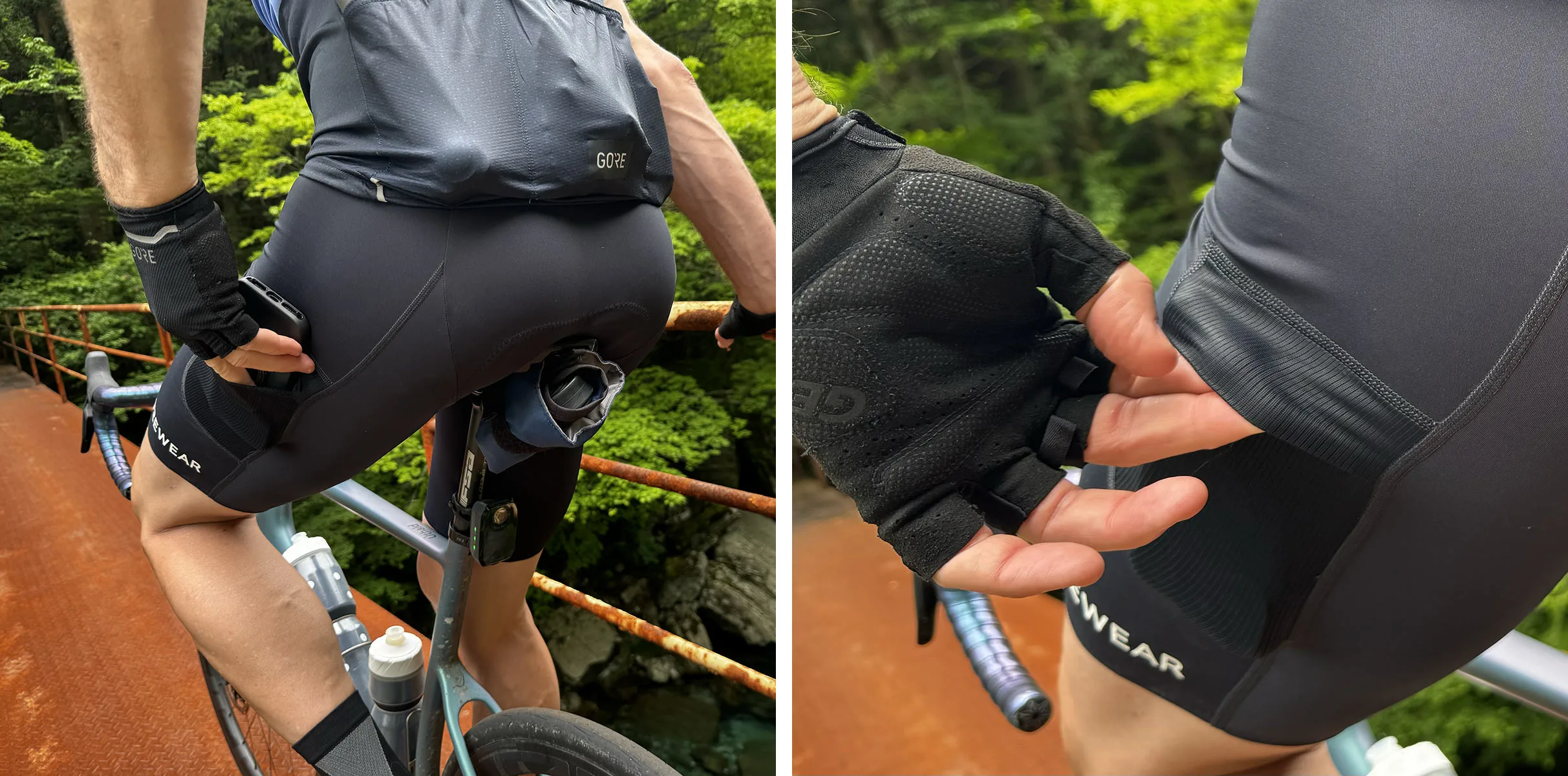 rider using cargo pockets on gore cargo bibshorts.