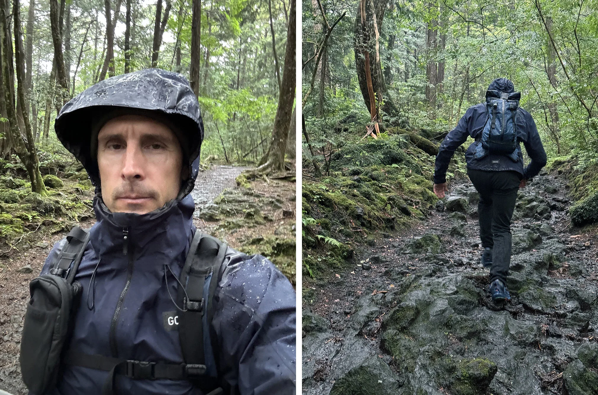 hiker wearing gore mountain bike rain jacket.