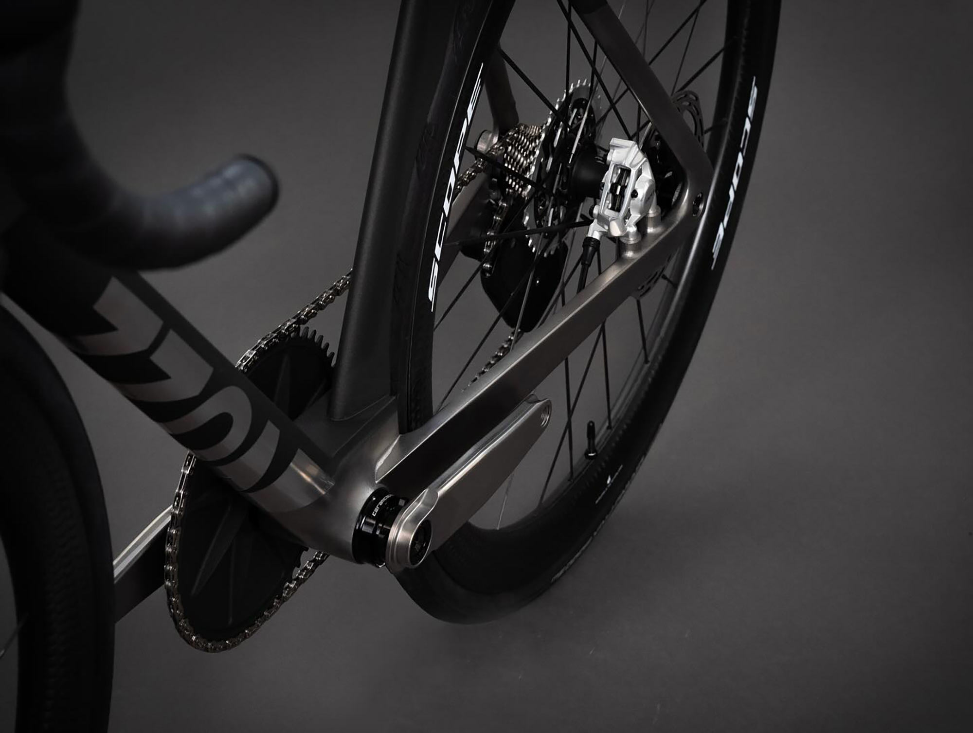 closeup details of no22 reactor prototype 3d-printed titanium aero road bike chainstays.