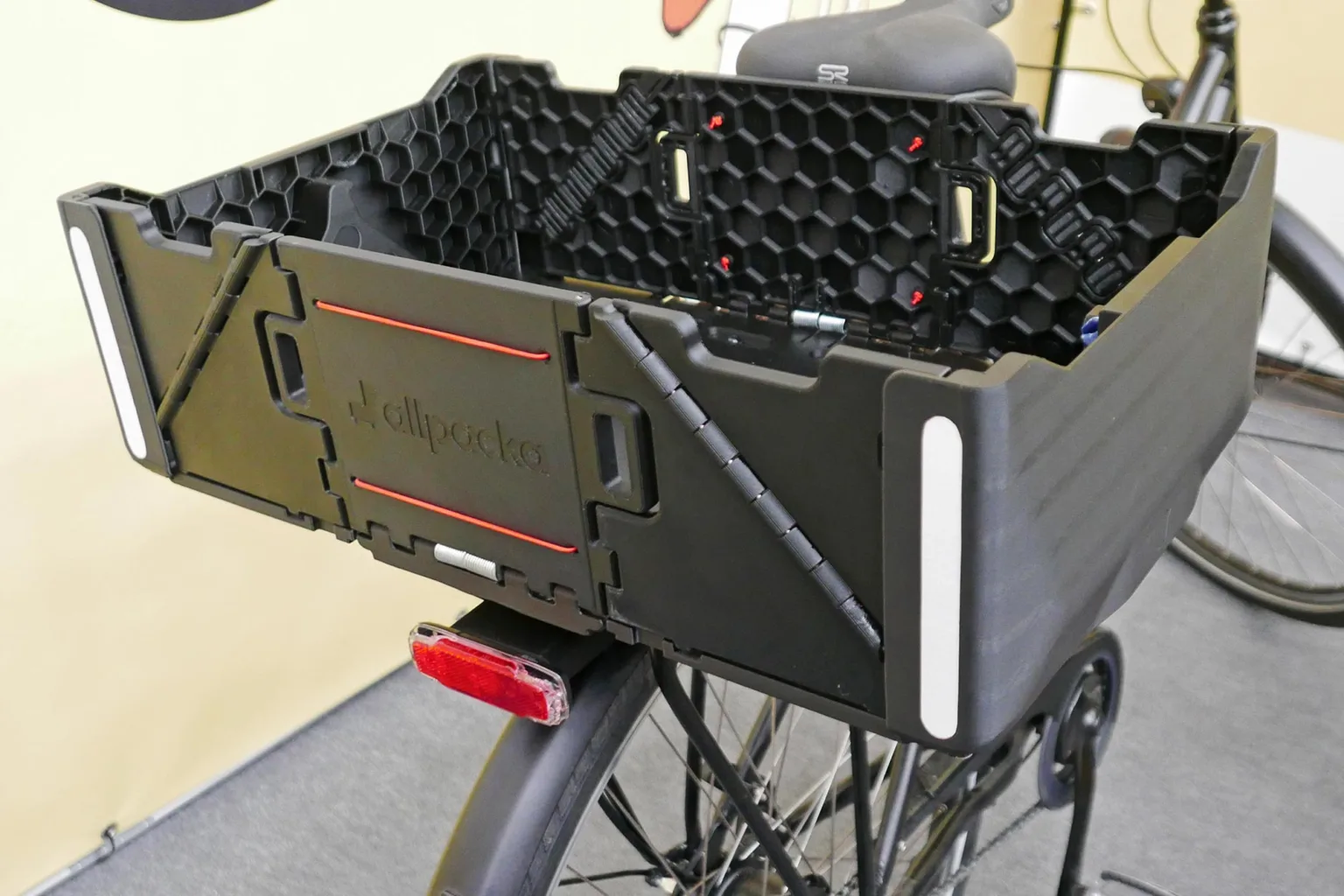 Allpacka One folding commuter bike rack cargo basket, expanded