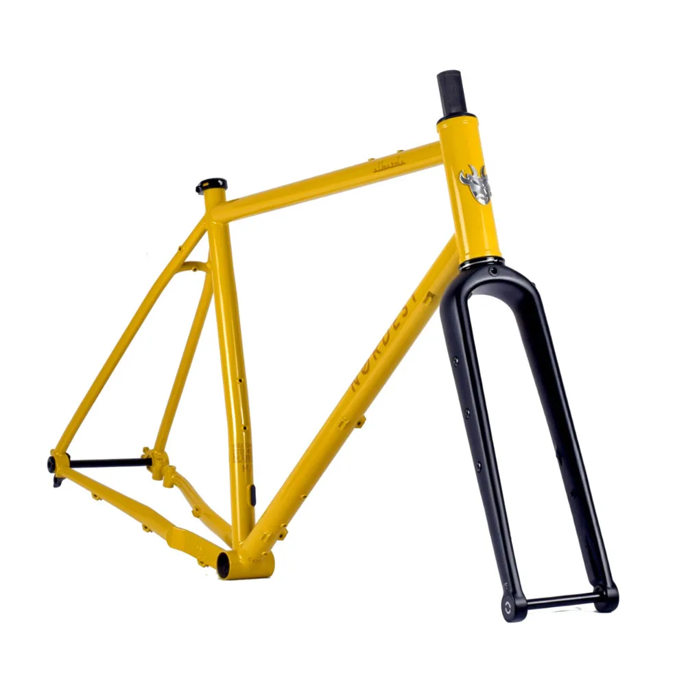 Nordest Super Albarda 3 MTB-inspired steel gravel bike, yellow frameset with carbon fork