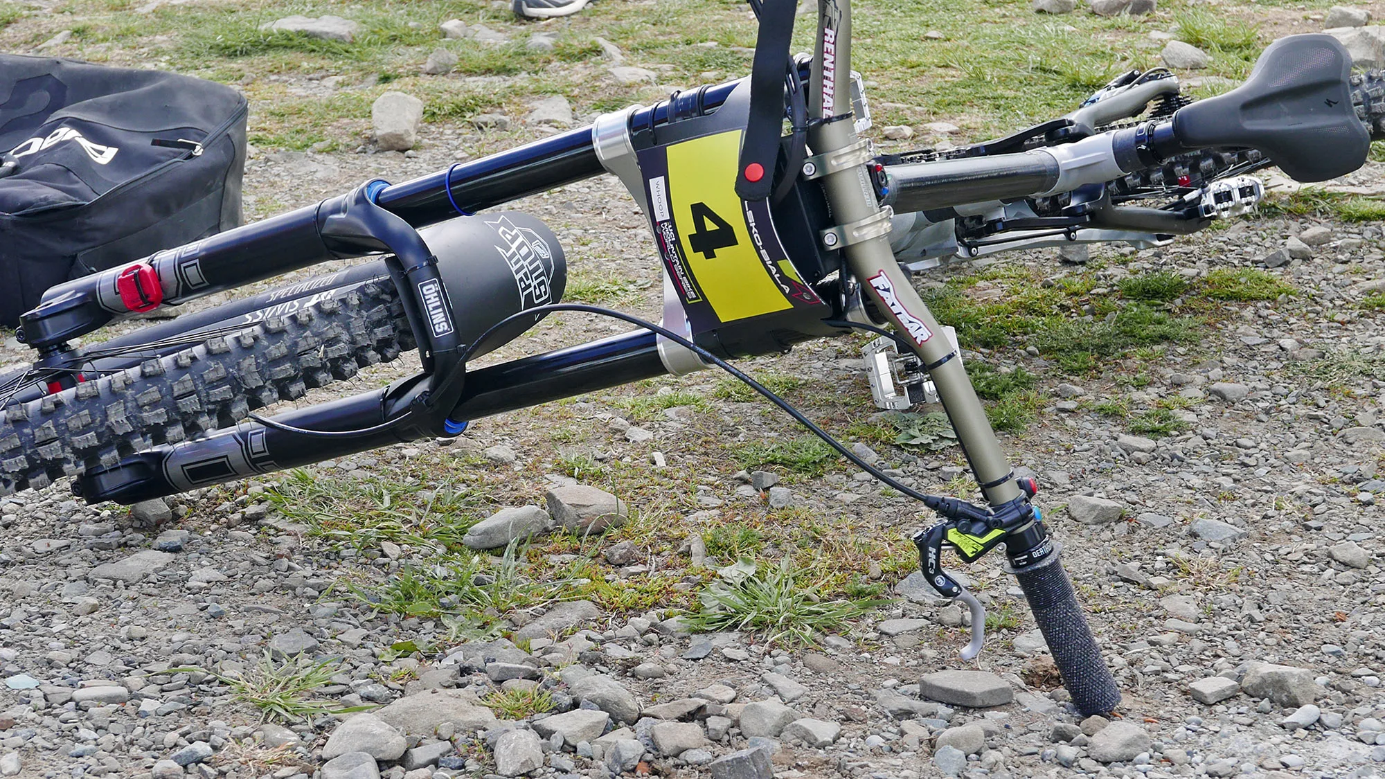 prototype Specialized  Demo DH bike with electronically controlled Ohlins suspension prototypes, a DH38 with lightweight clamps, and that colorful video game-like remote controlled and 3 colored indicator LEDs