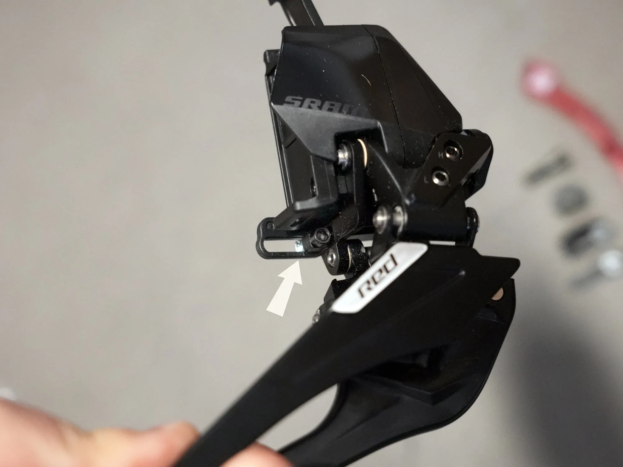 closeup details on new sram red axs E1 front derailleur