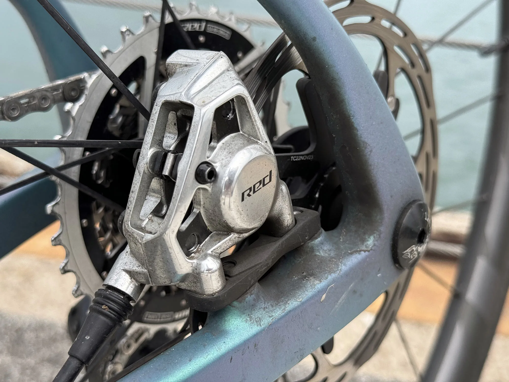 closeup details on new sram red axs E1 brake caliper.