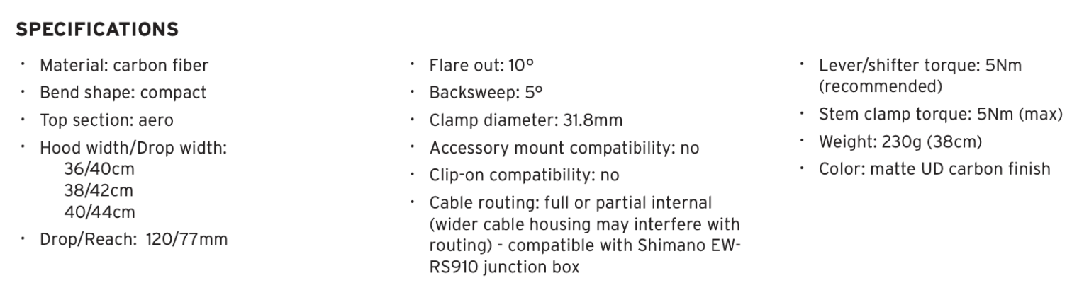 Ritchey Streem handlebar specs