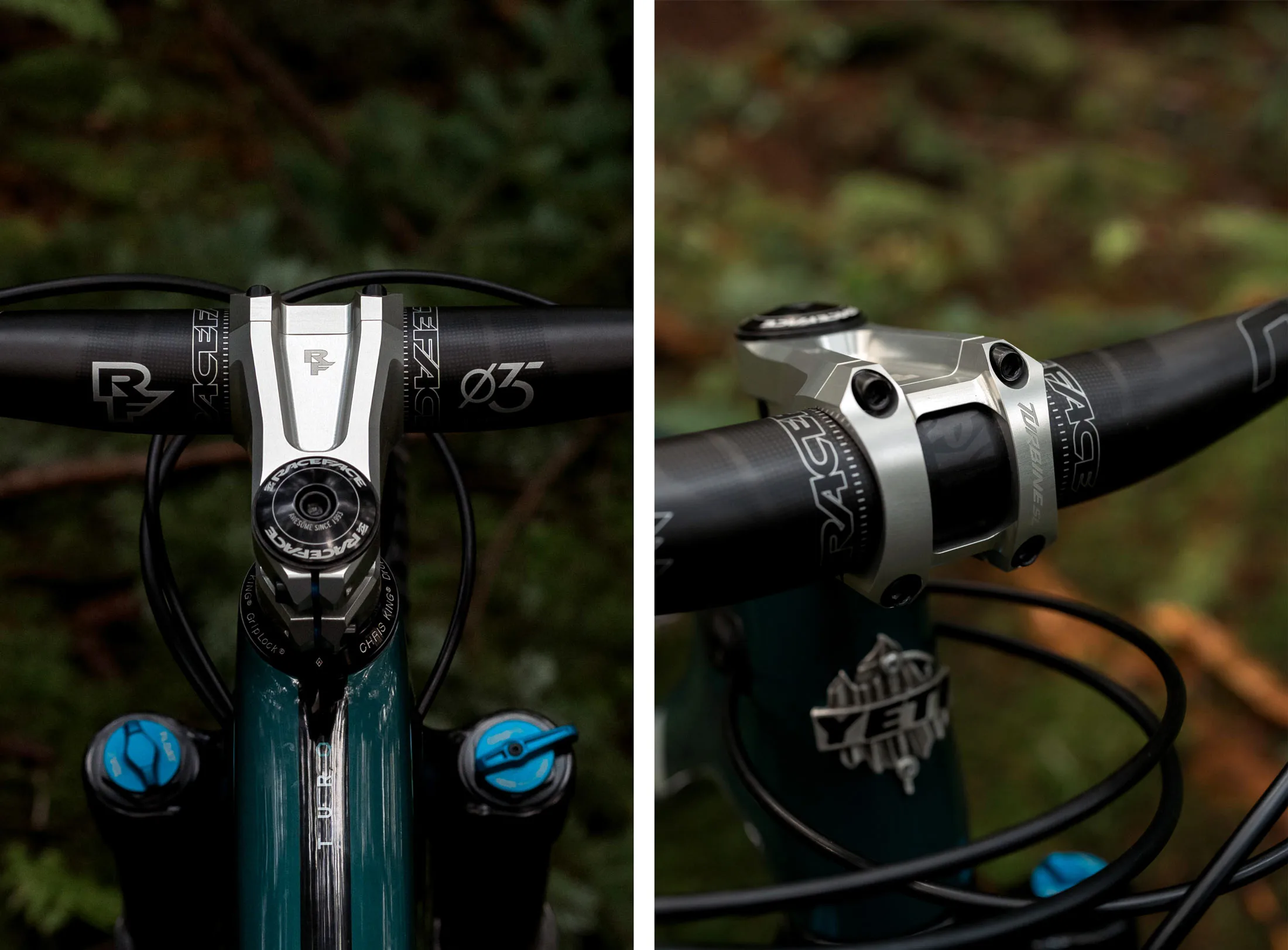 closeup details of race face turbine SL stem shown on a mountain bike.