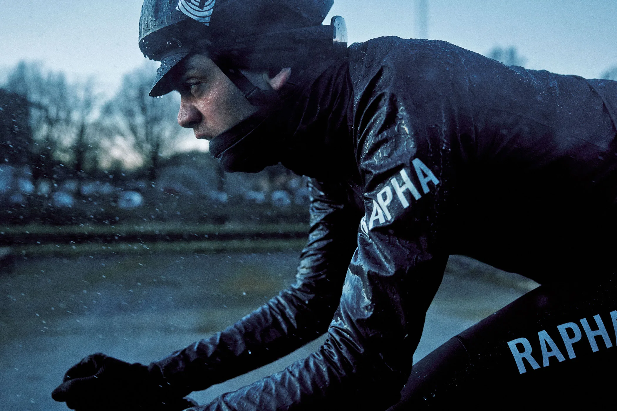 Rapha Pro Team Lightweight Gore-Tex Jacket is PFAS-free, riding in the rain