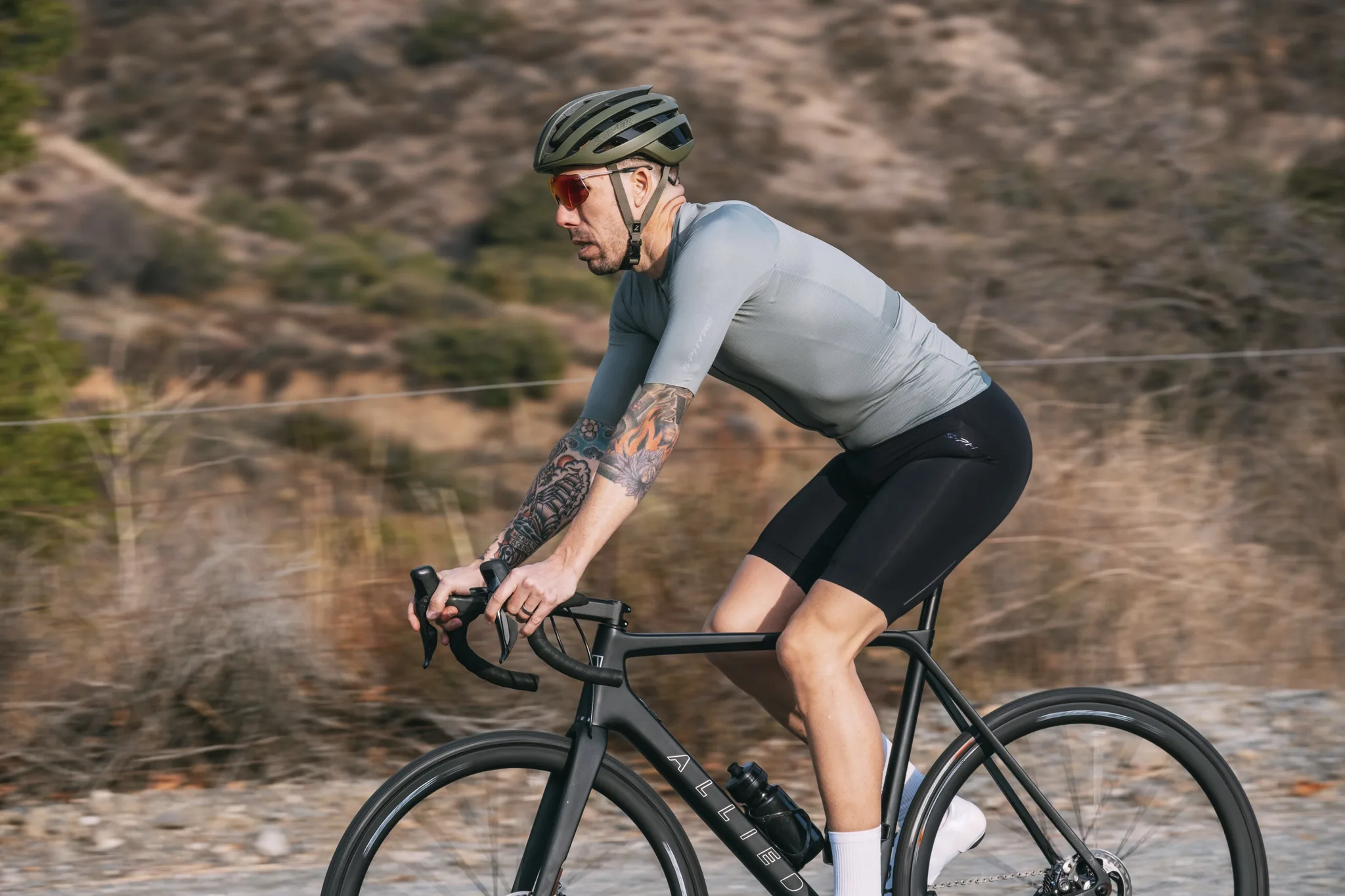  A rider rides through the desert in Shimano's S-Phyre apparel