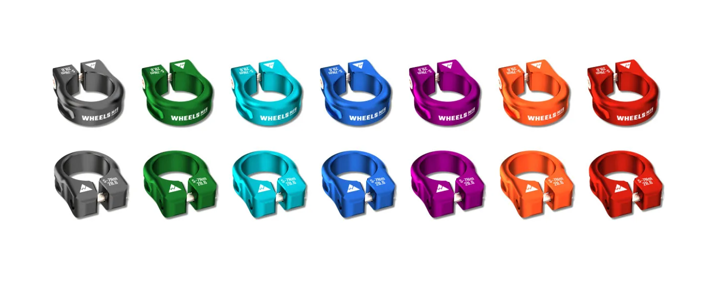 Wheels Mfg. Seatpost Collars are affordable, precision CNC-machined, and made in the USA, rainbow of colors