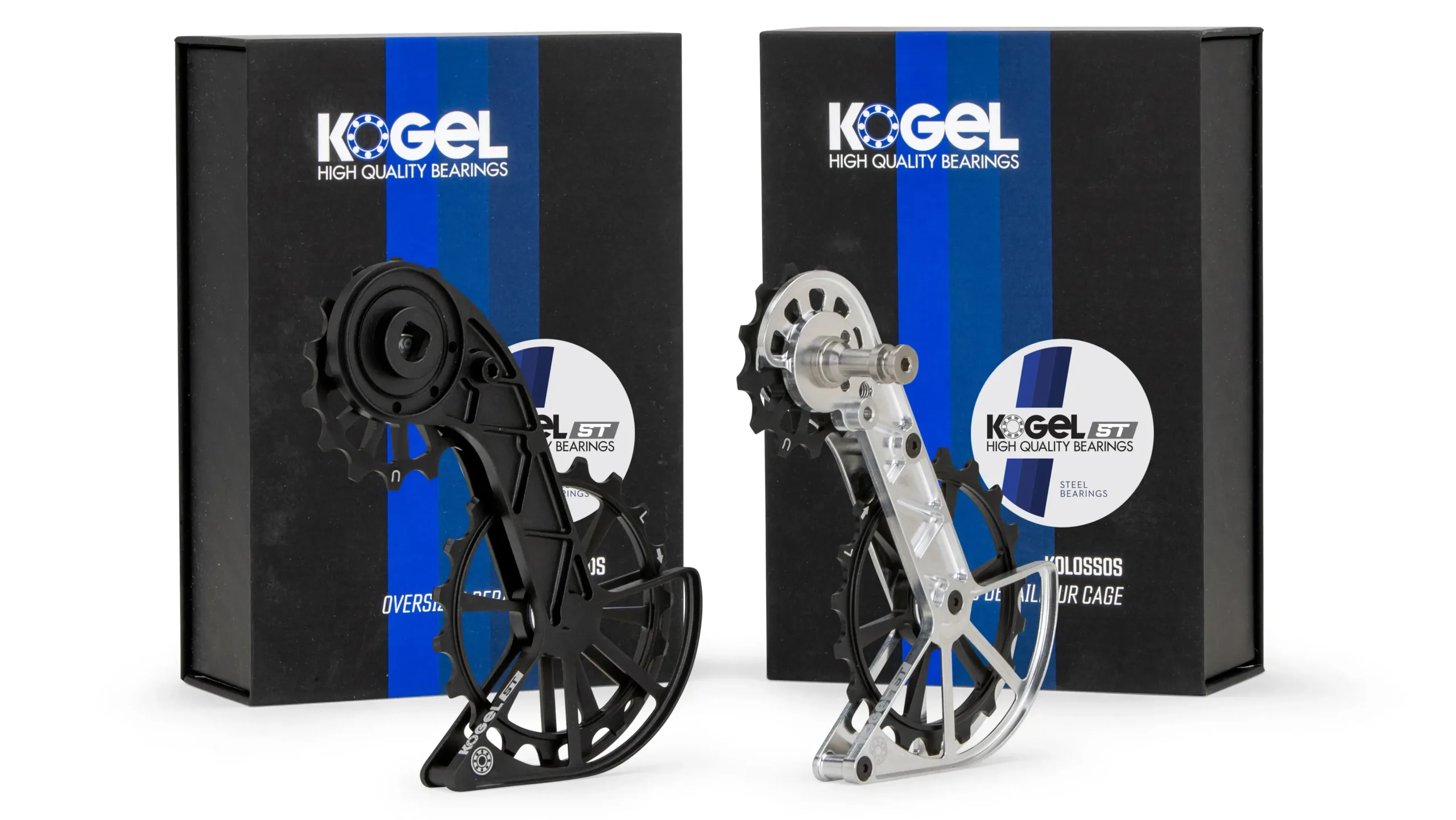 The black and silver colorways of the Kolossos ST with packaging.