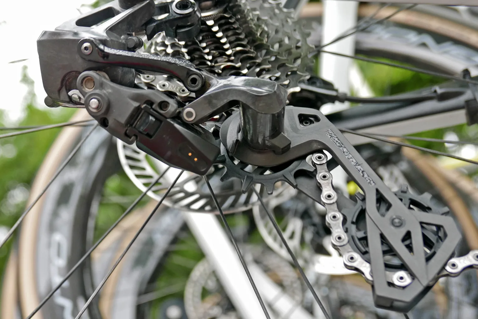 Campagnolo Super Record 13 Wireless SC prototype 13-speed derailleur at the 2025 Giro d'Italia battery charging detail