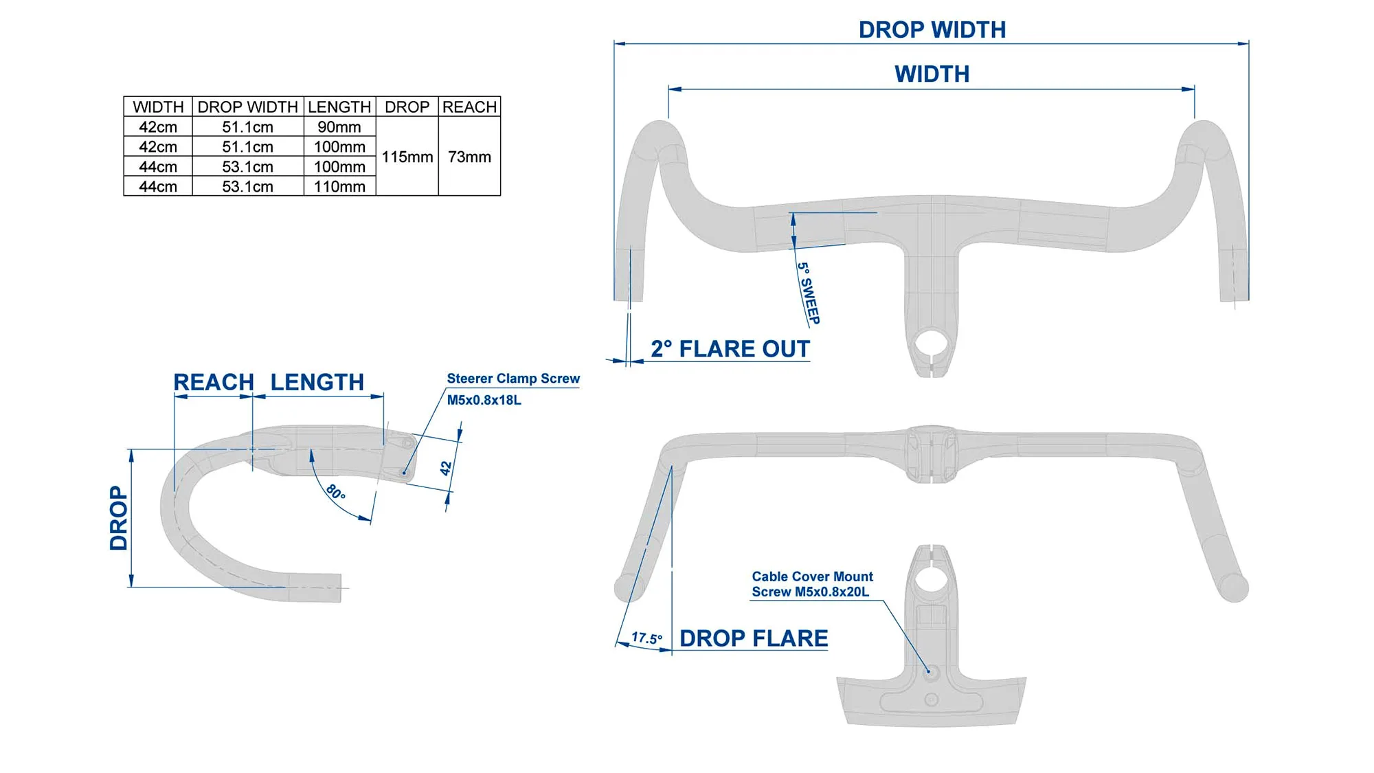 Ritchey SuperLogic Butano Ridge fully-integrated 1-piece UD carbon gravel bar cockpit, geometry drawings