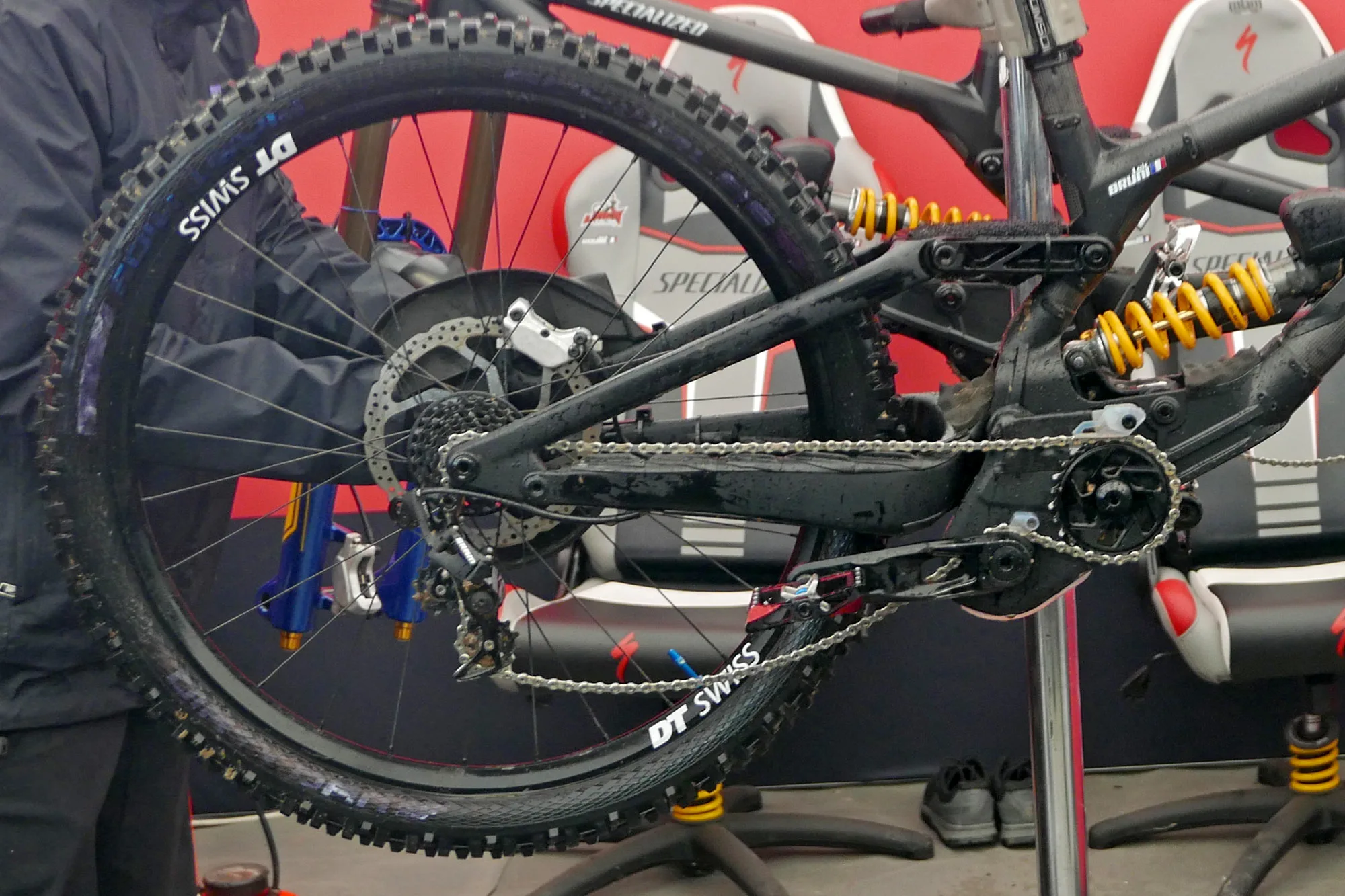 prototype Schwalbe Dirty Dan Gravity Pro Radial mountain bike tires with blacked out First Ride logos