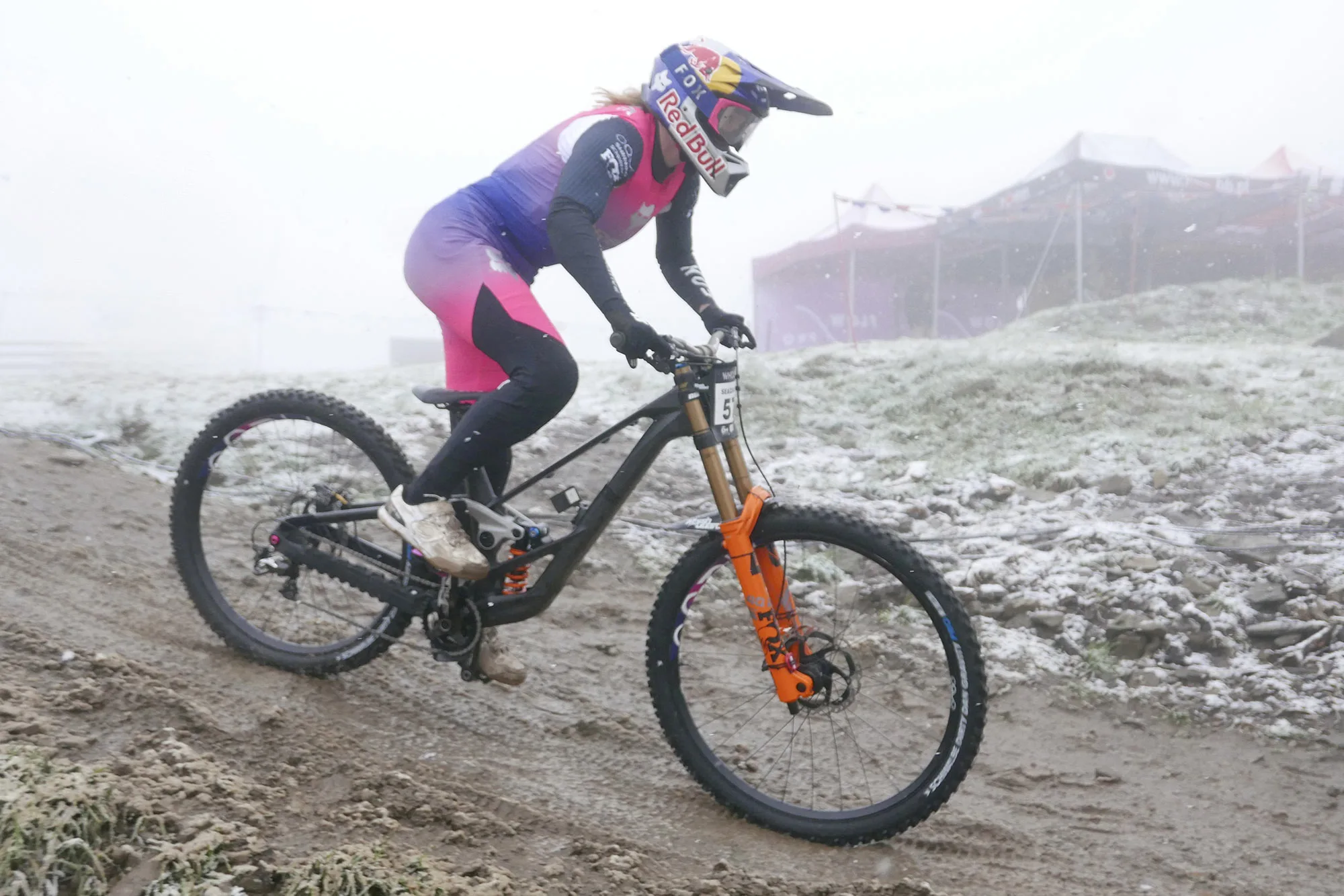 prototype Schwalbe Dirty Dan Gravity Pro Radial mountain bike tires on Tahnee Seagrave's Bielsko-Biała World Cup DH winning Orbea prototype DH bike