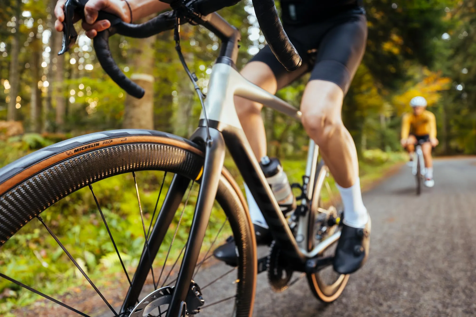 A Michelin Pro5 in action during a road ride.