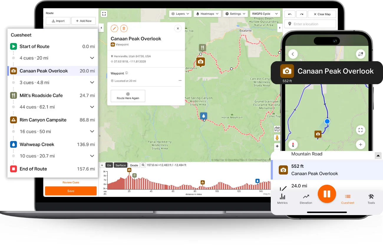 ride with gps device screens showing waypoints.