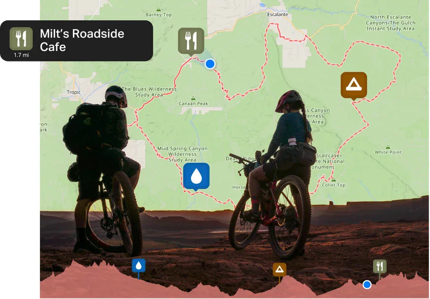 collage of RWGPS waypoints on screen with rider silhouettes in front.