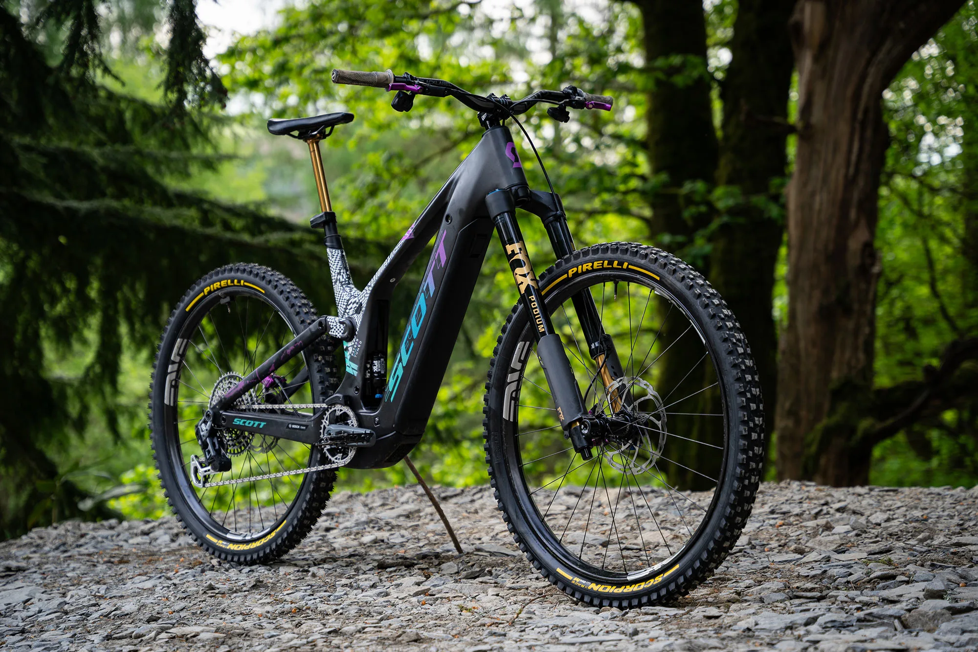 new fox podium inverted enduro MTB fork shown on a full-power e-mountain bike.
