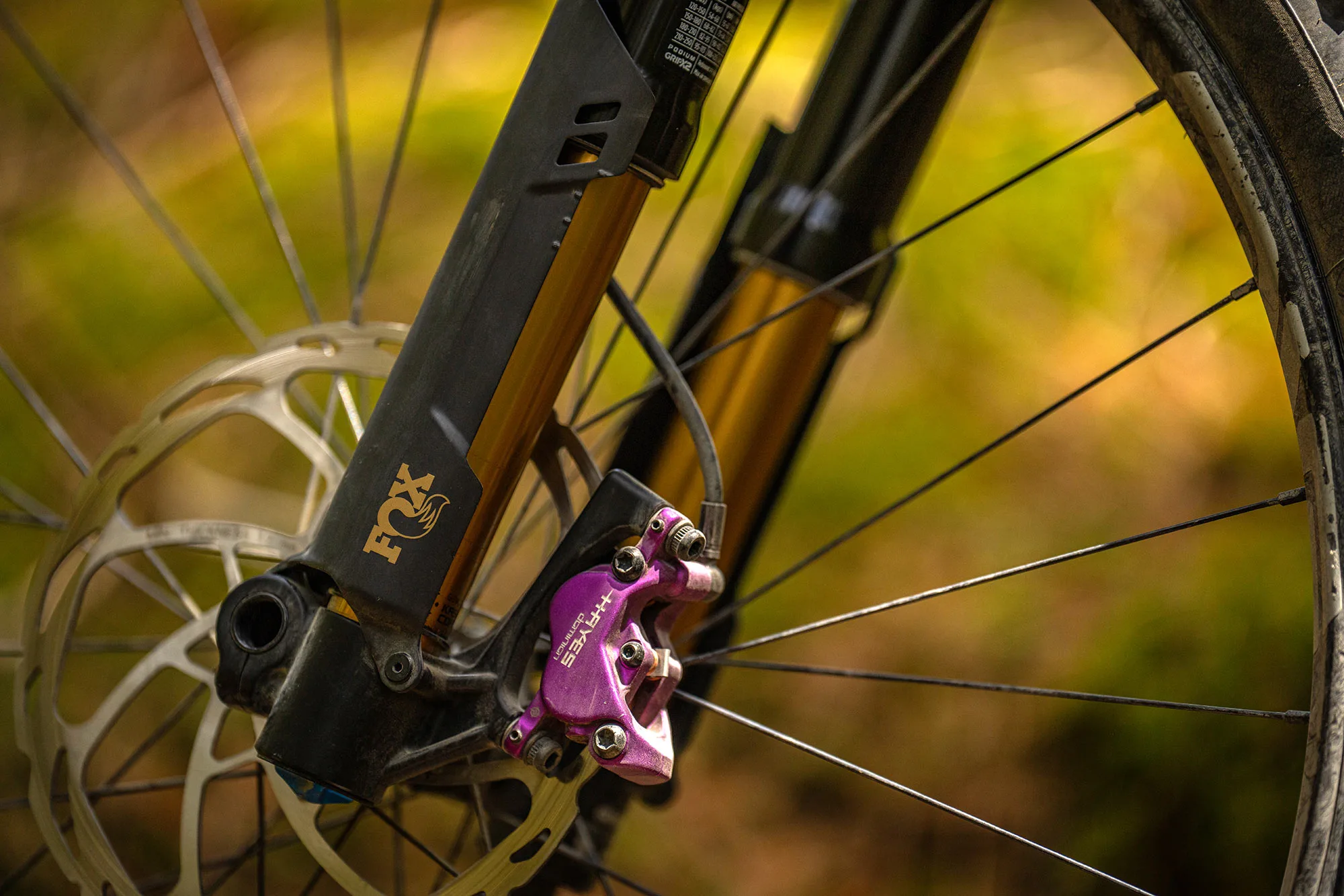 closeup details of new fox podium inverted enduro MTB fork.