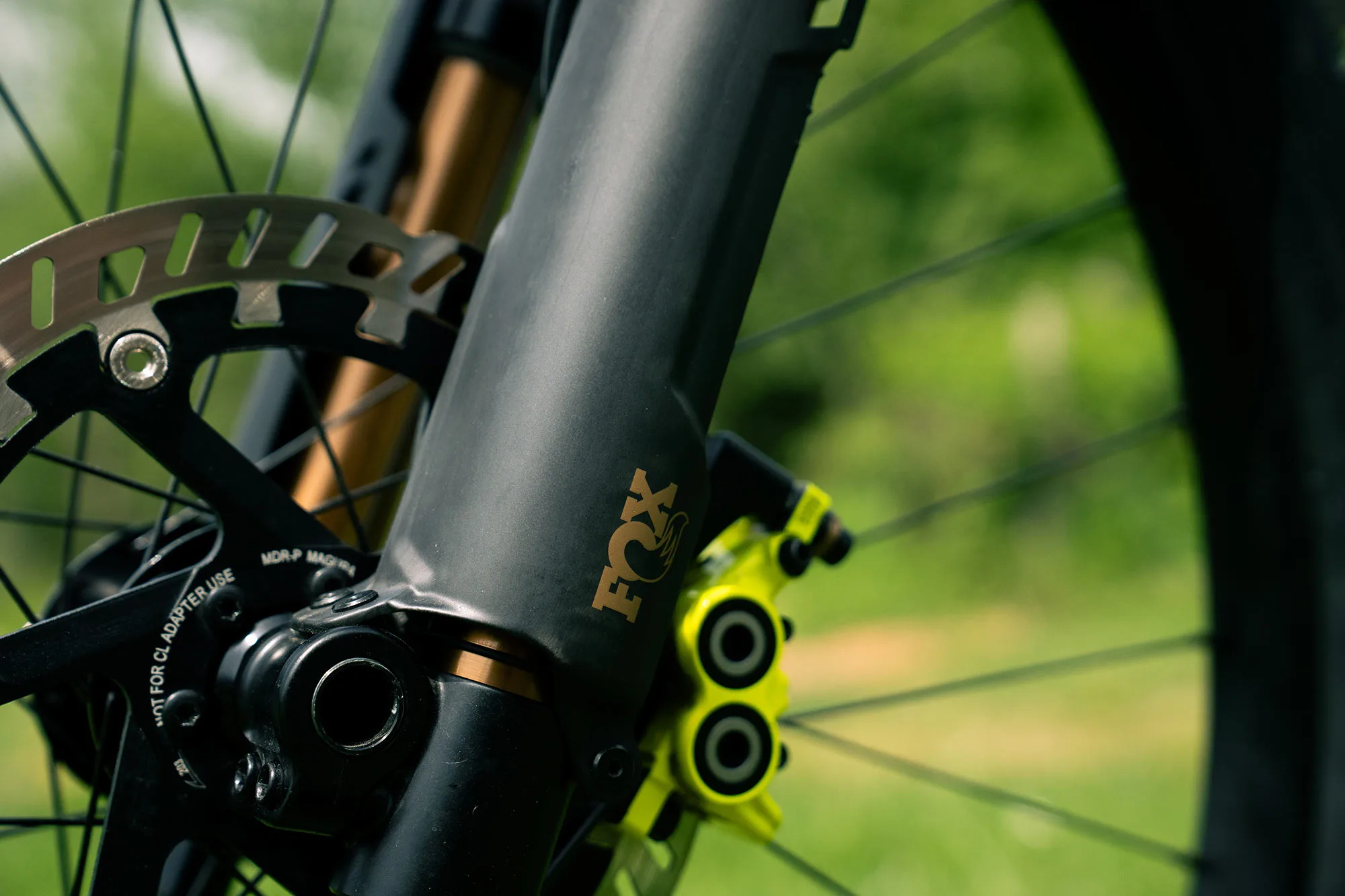 closeup details of new fox podium inverted enduro MTB fork.