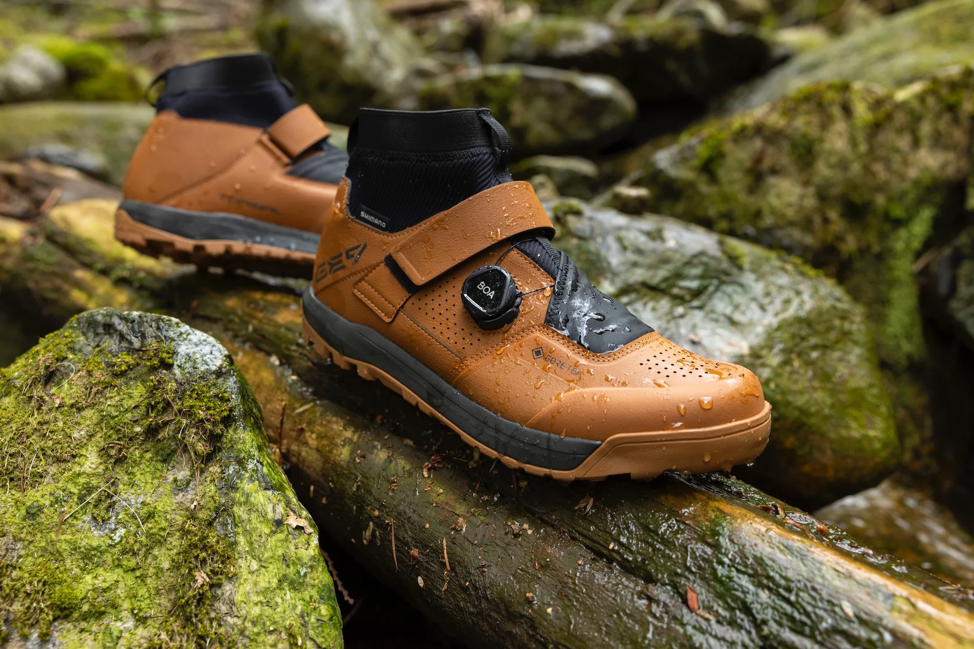 Stock image of the GE900GTX shoes in the forest with some water on them