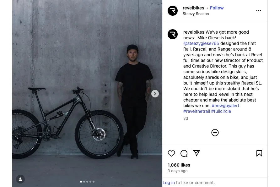 Anuncio de Instagram de la contratación de Mike Giese como director de Producto y Director Creativo de Revel.