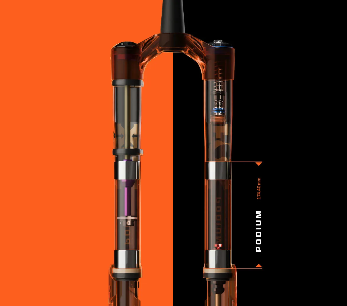 internal cutaway view of Fox Podium fork bushing locations.