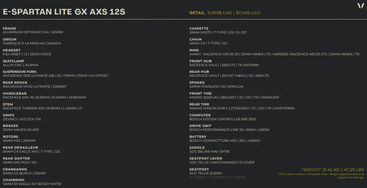 2026 Devinci E-Spartan Lite, GX AXS 12s specs