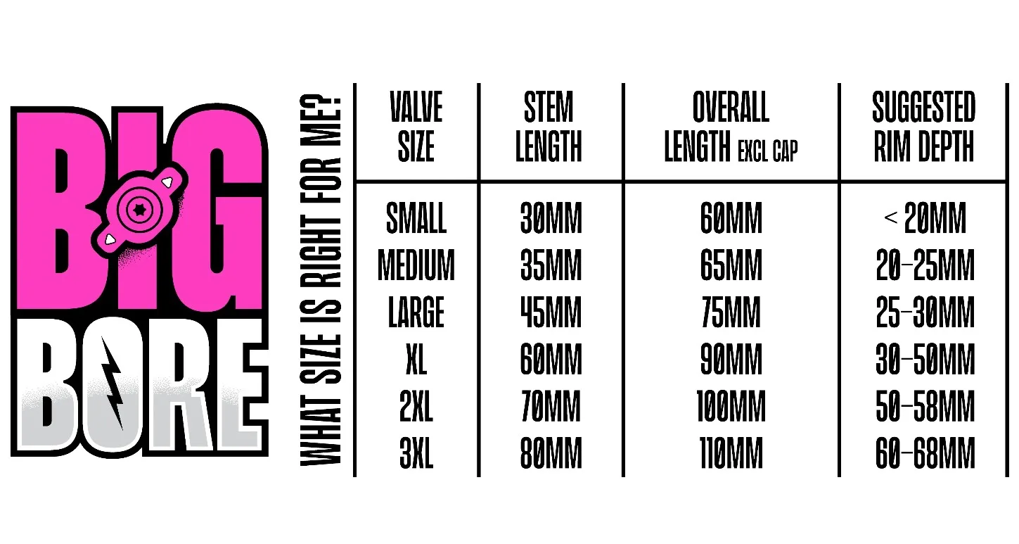 Screenshot of the Muc-Off Big Bore Lite Tubeless Valve size chart.