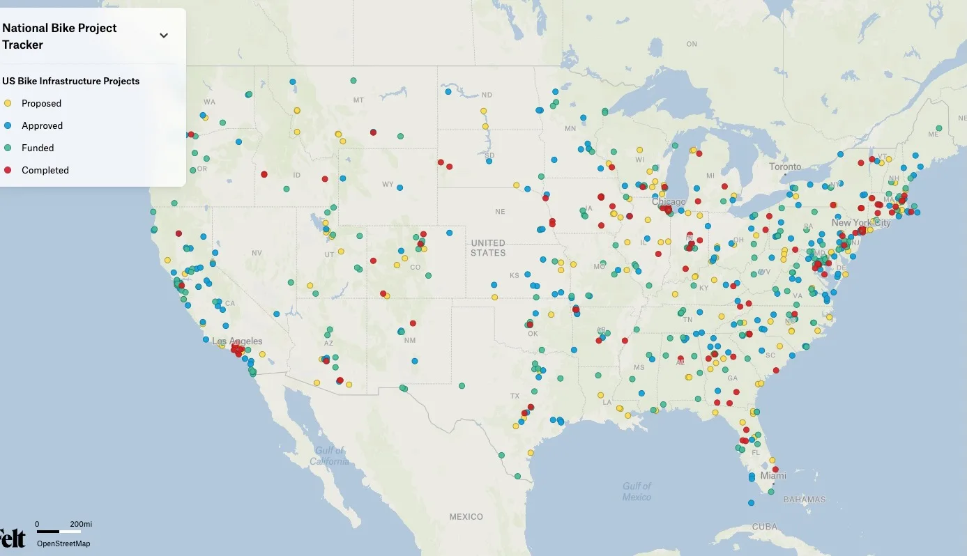 Screenshot of the National Bike Project Tracker map from the PeopleForBikes website.