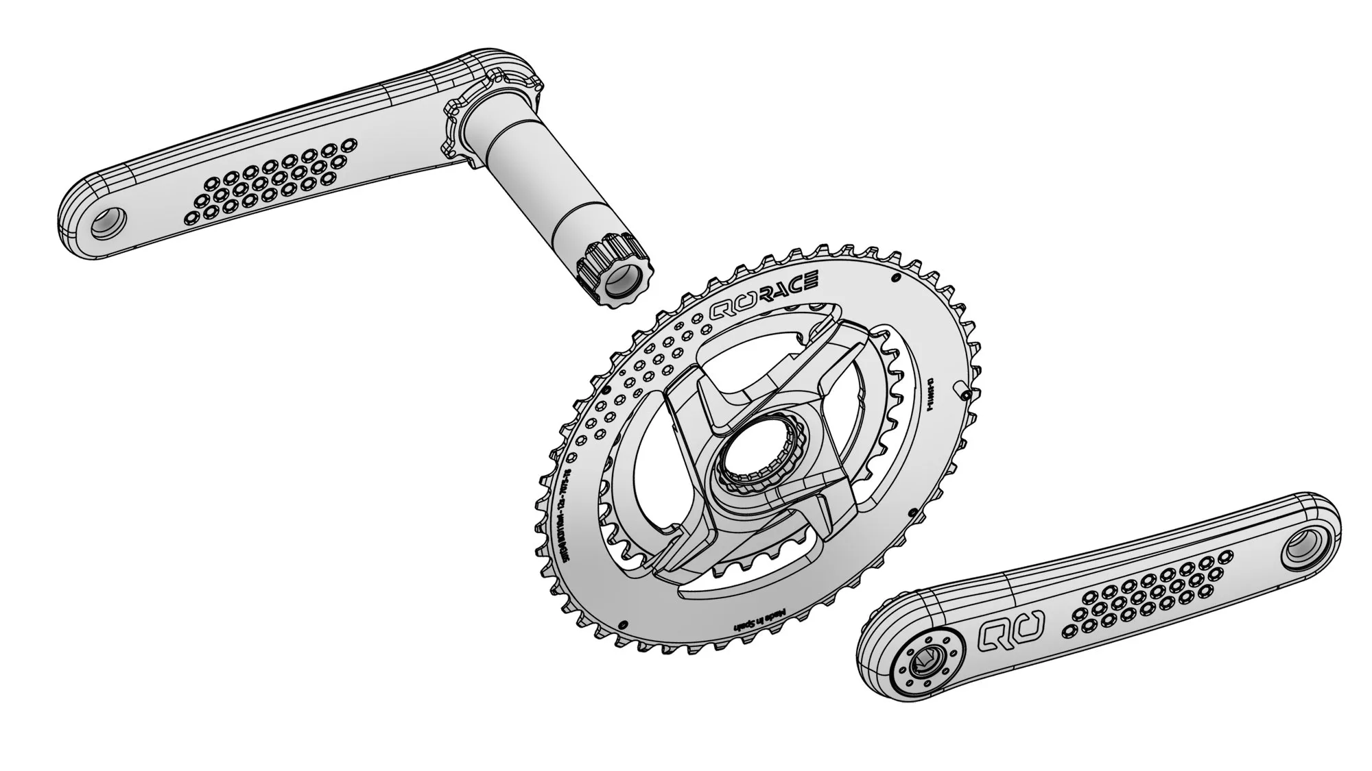 QO Race SL ultralight carbon road bike crankset, exploded view