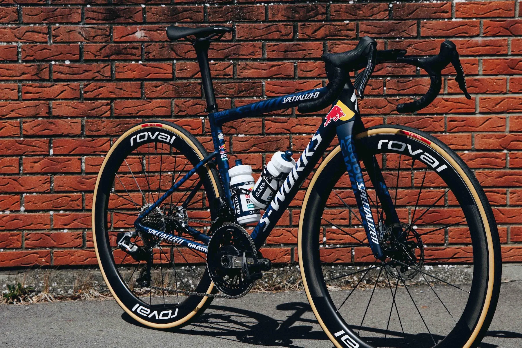 Front side angle view of Primoz Roglic's S-Works Tarmac SL8 TDF race bike.