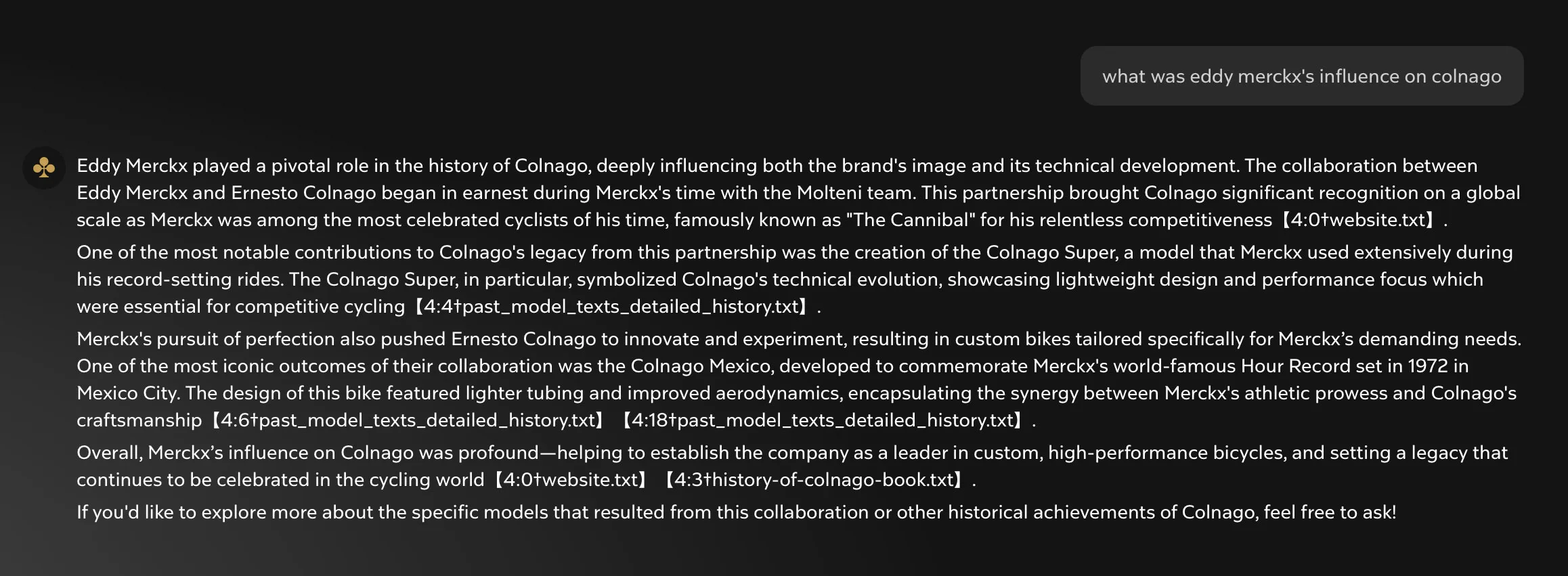 Captura de pantalla de Colnago Ai Chat sobre su historia y bicicletas.