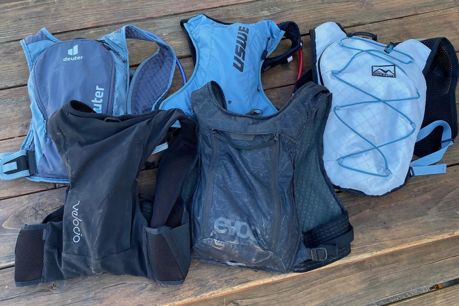 Five of the hydration vest packs we tested. (photo/Jeremy Benson)