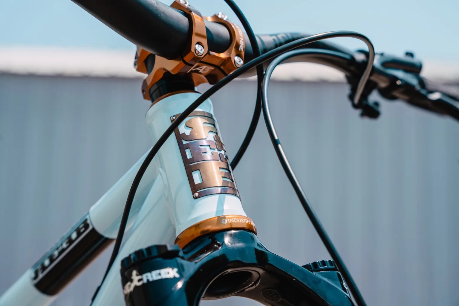 The bronze stem and headset, as well as the REEB head badge on the Bronze Project build.