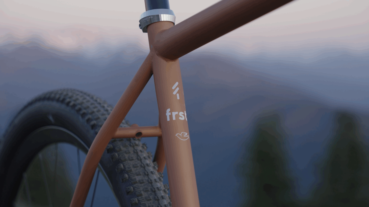 a photo of Pine Cycles' new gravel bike's seat tube, FRST