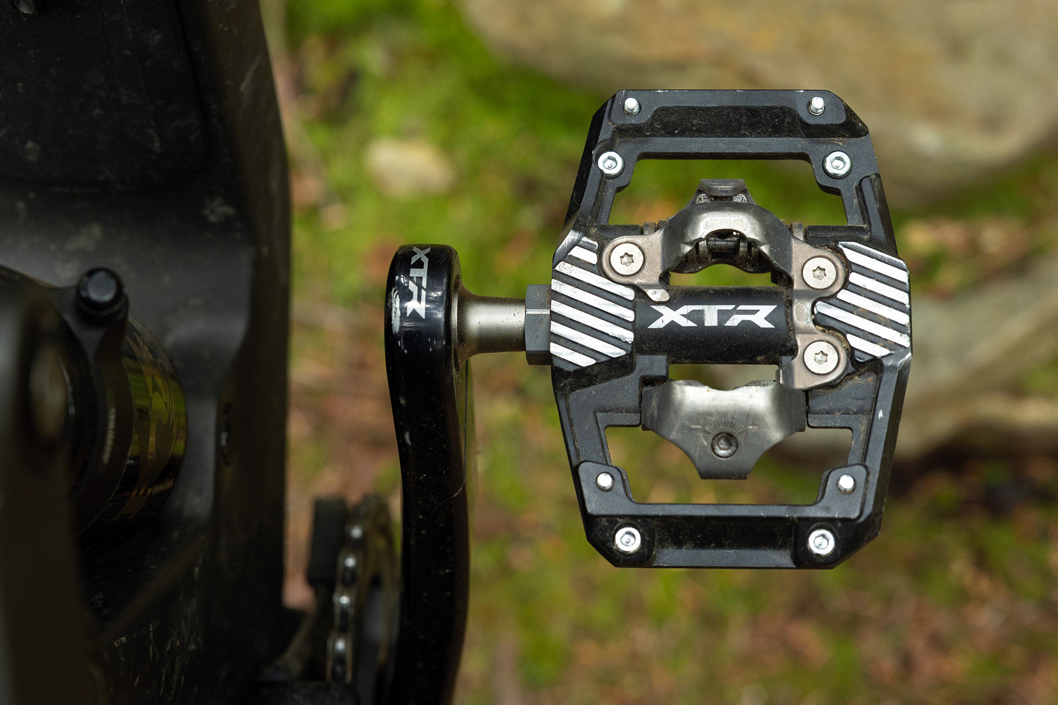 Shimano M9220 XTR Trail Enduro Gravity clipless SPD mountain bike pedals, on a bike