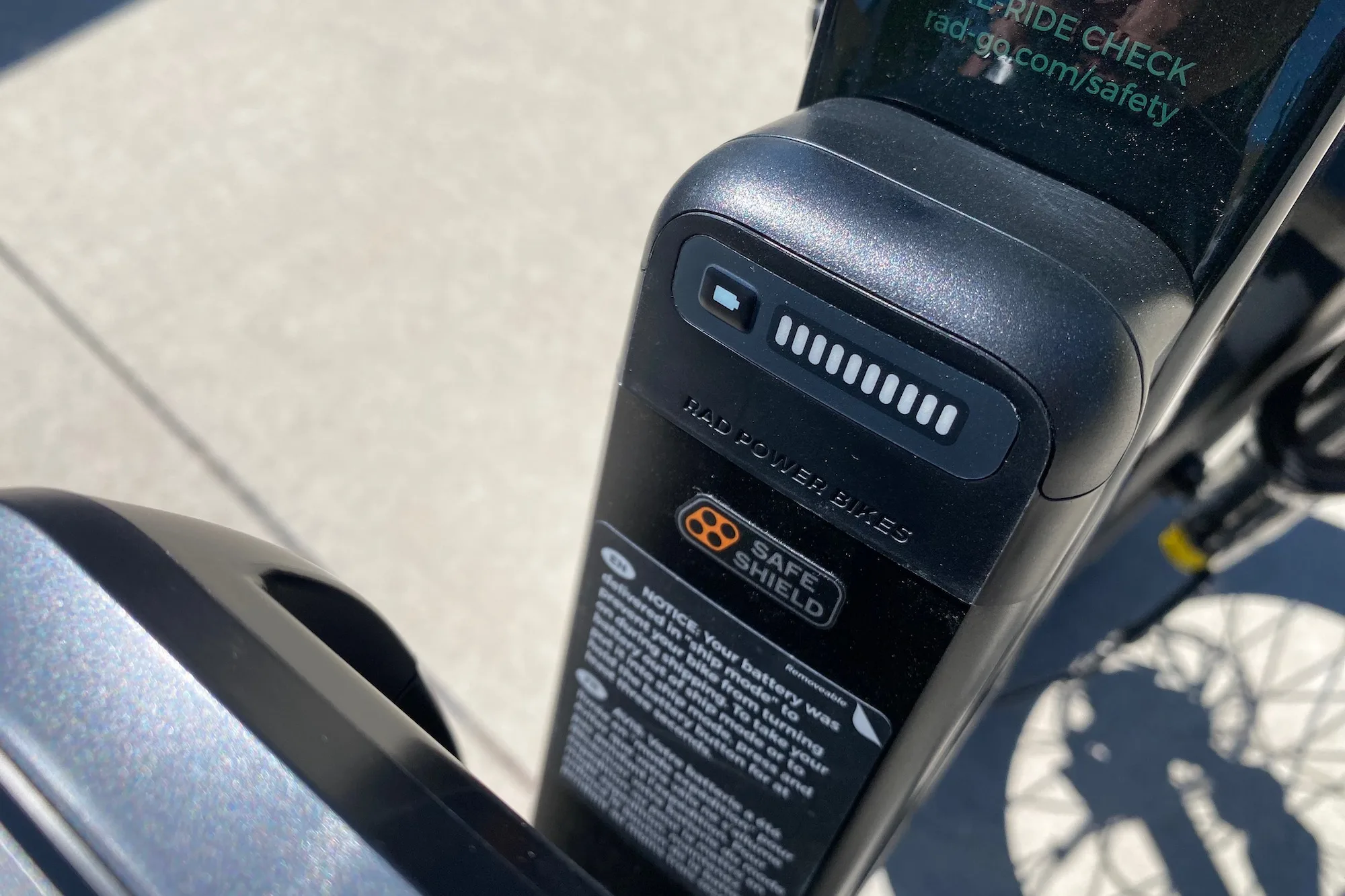 Closeup of Rad Power's safe shield battery