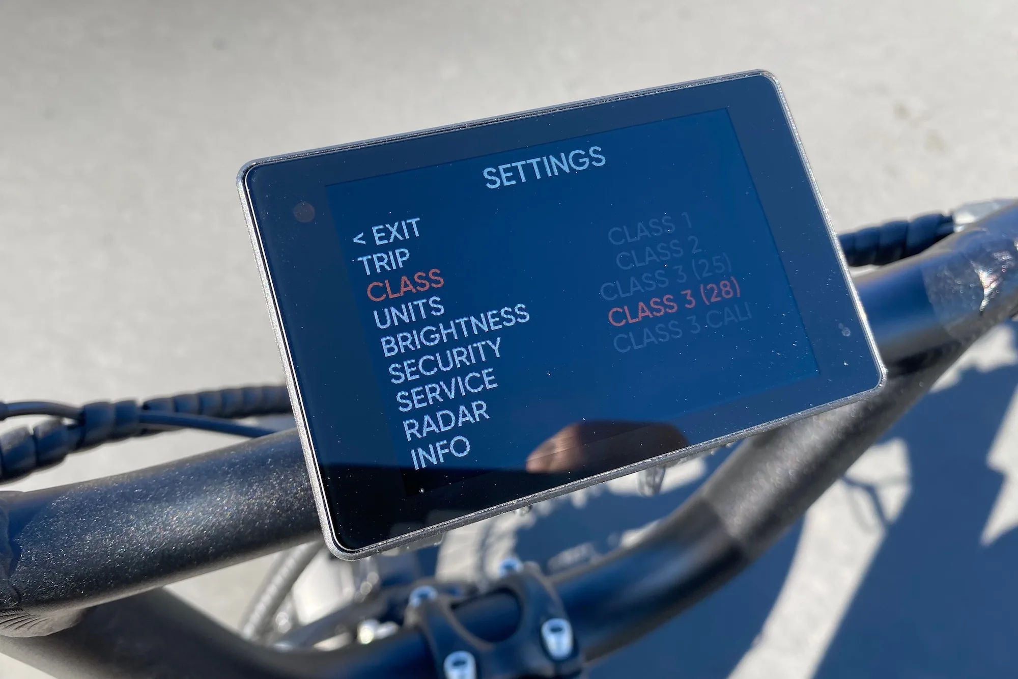 The setting menu on the screen of the RadRunner Max
