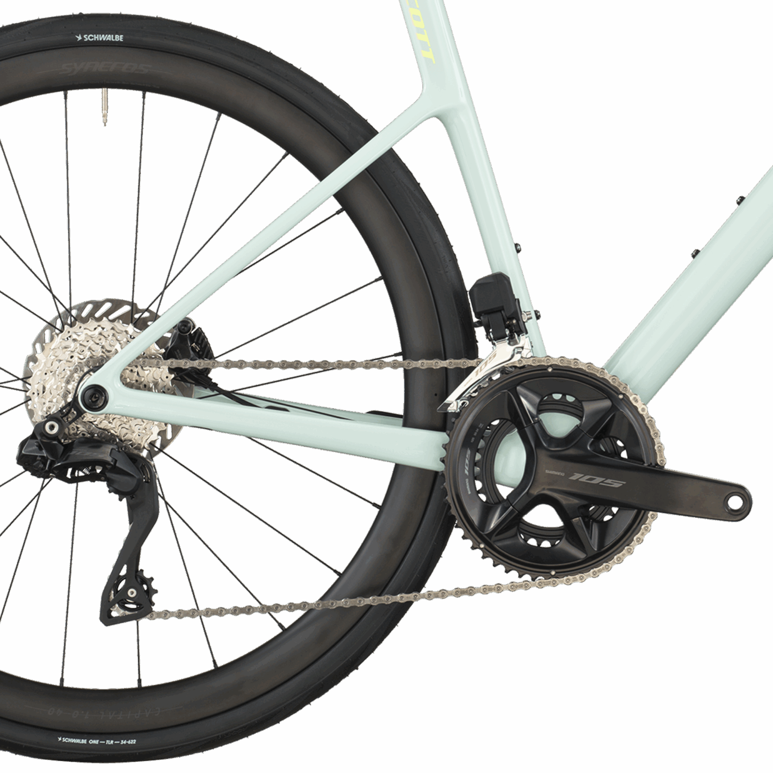 studio image of the new scott addict's chainstays and drivetrain