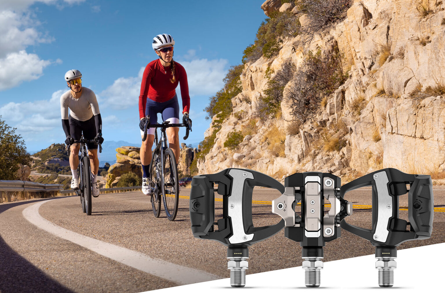 garmin rally power meter pedals stacked in front of cyclists.