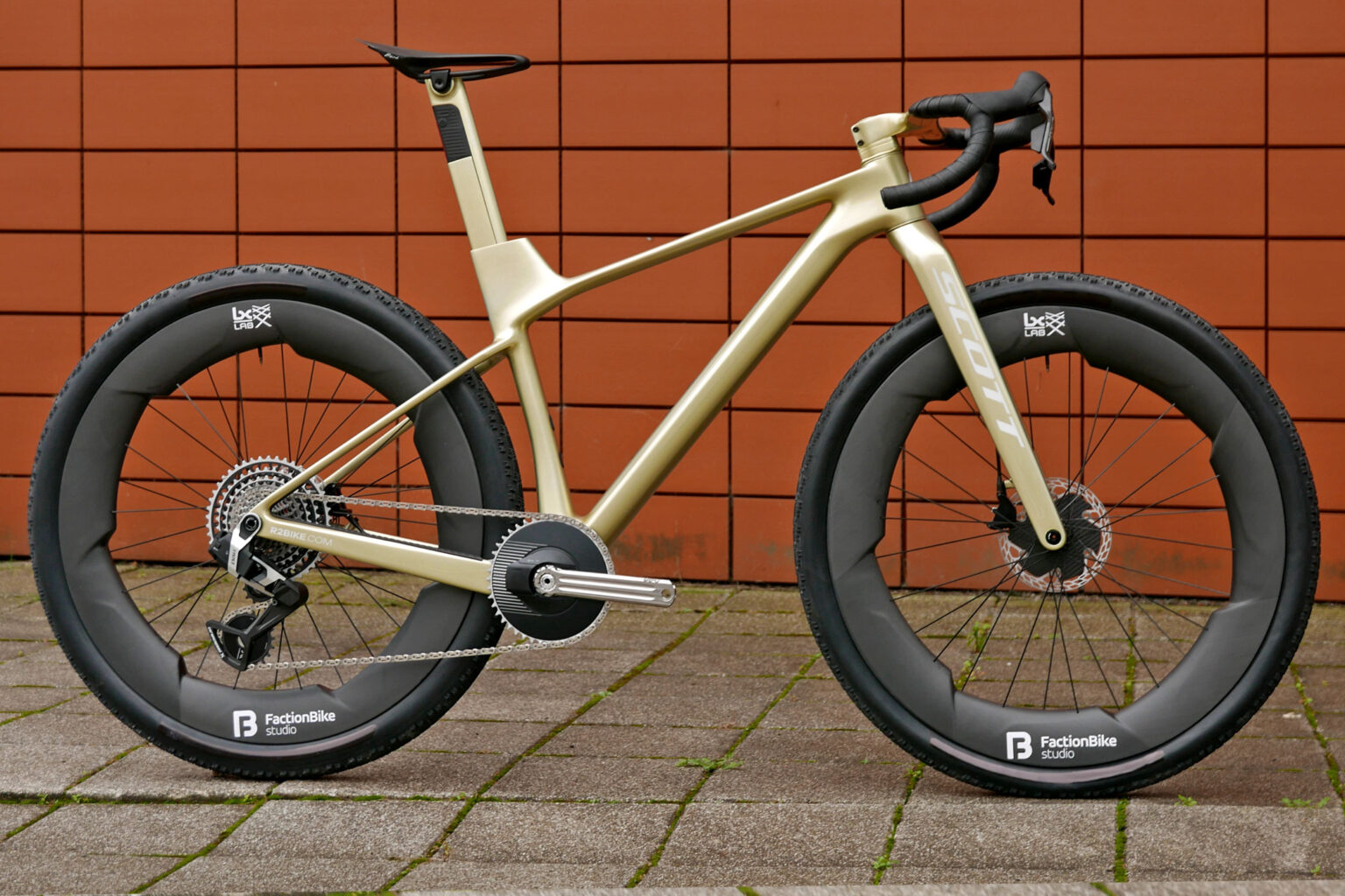 Dangerholm + FactionBike Studio LX Lab prototype ultra-wide aero carbon gravel wheel concept on a modified Scott Scale+Foil hybrid