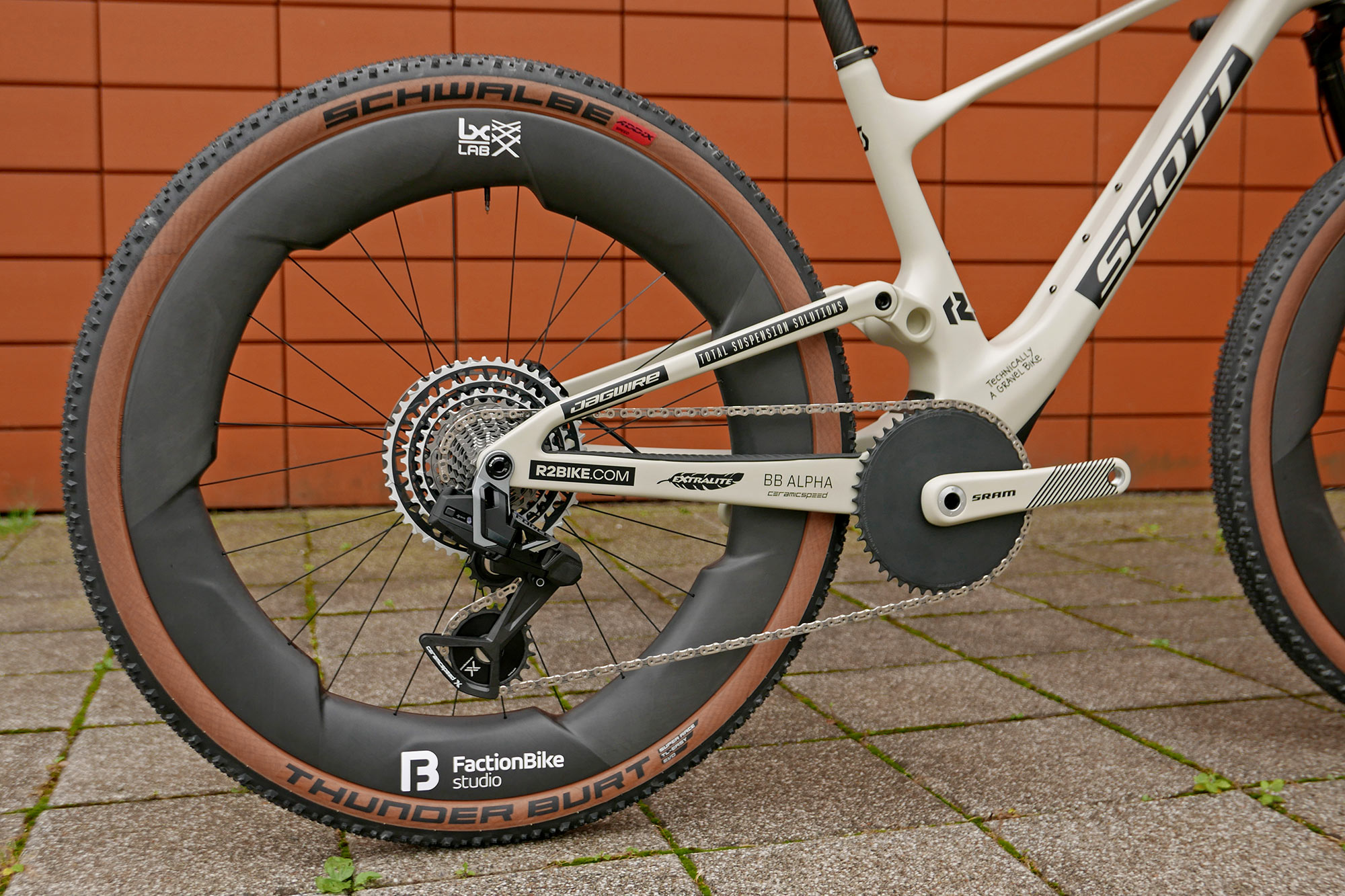 Dangerholm Scott Spark dropbar full-suspension gravel race project bike with Faction ultra-wide aero wheels, Froce Xplr transmission