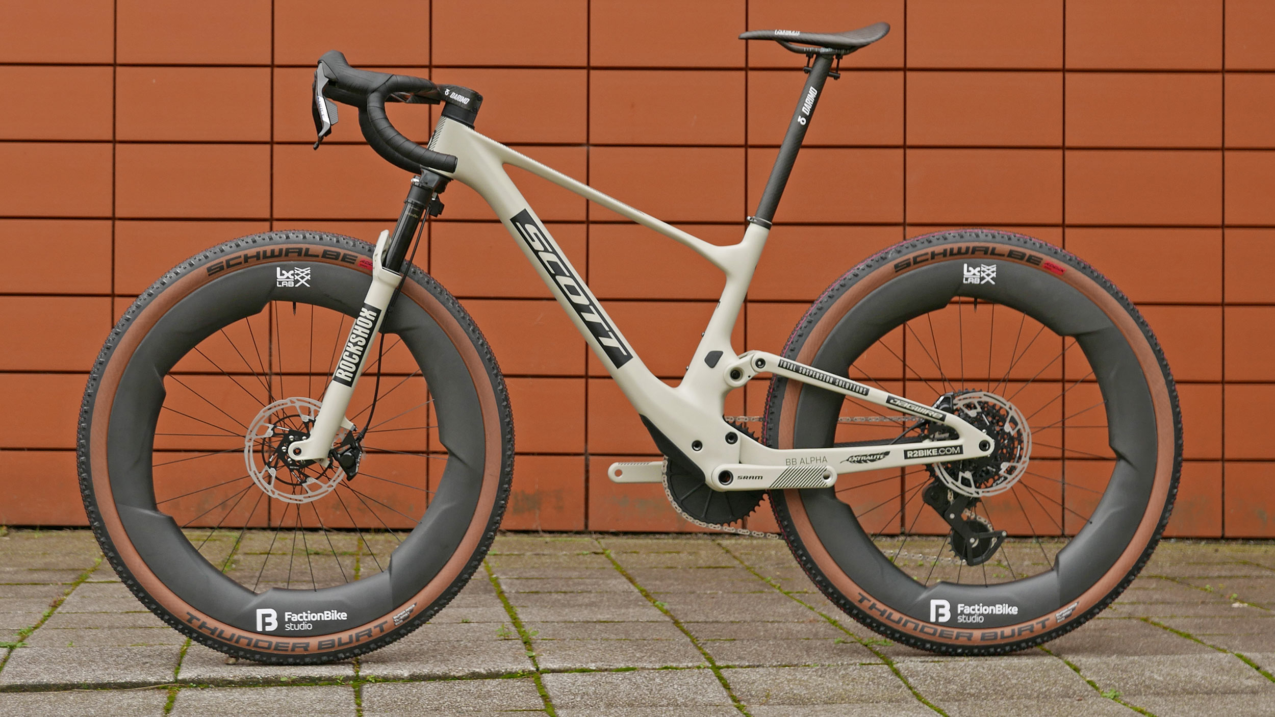 Dangerholm Scott Spark dropbar full-suspension gravel race project bike with Faction ultra-wide aero wheels, NDS