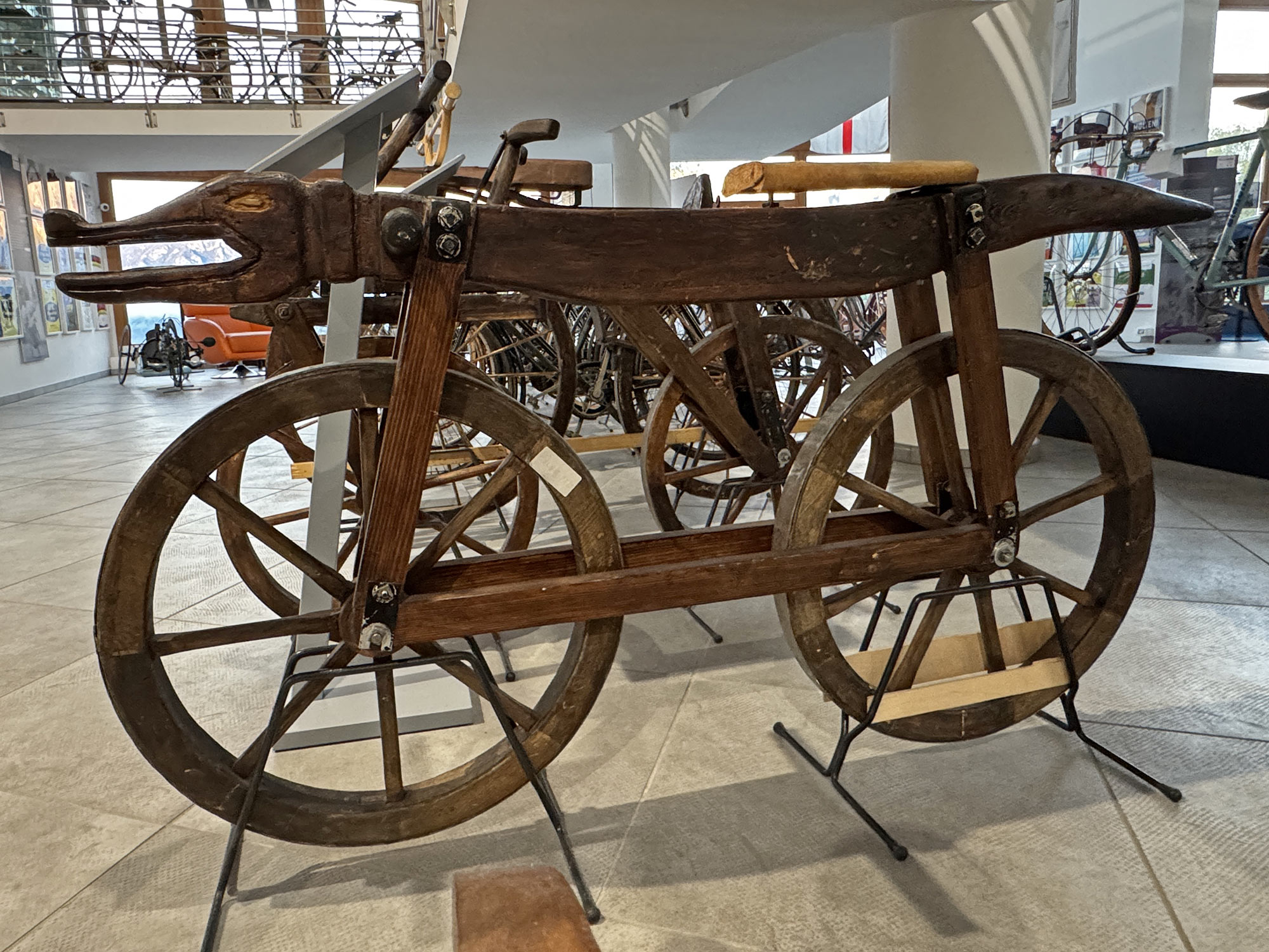 Ghisallo Cycling Museum: replica of 1791 Celerifere wooden kick bike