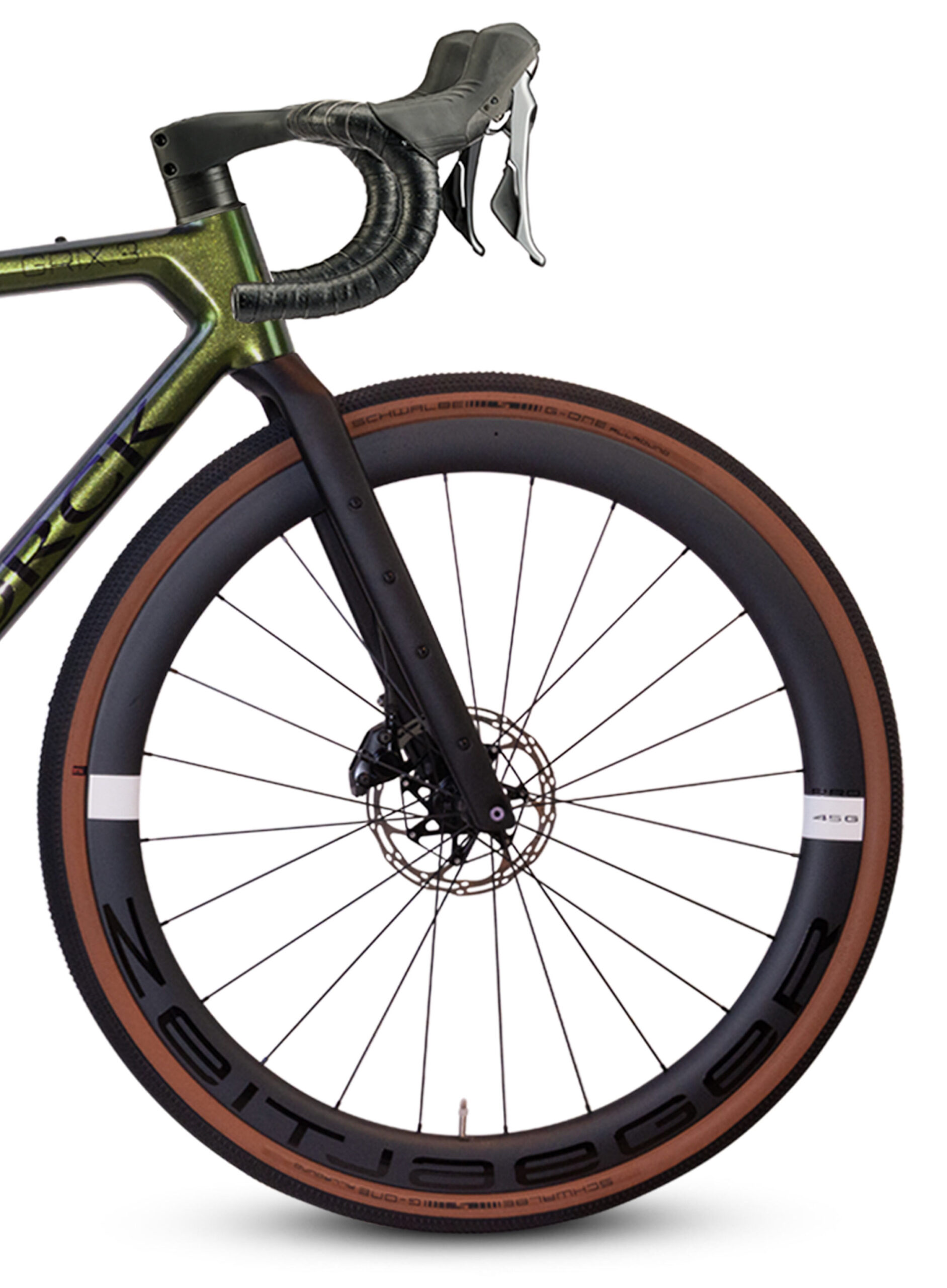 closeup fork and cockpit details of storck grix 3 gravel bike.